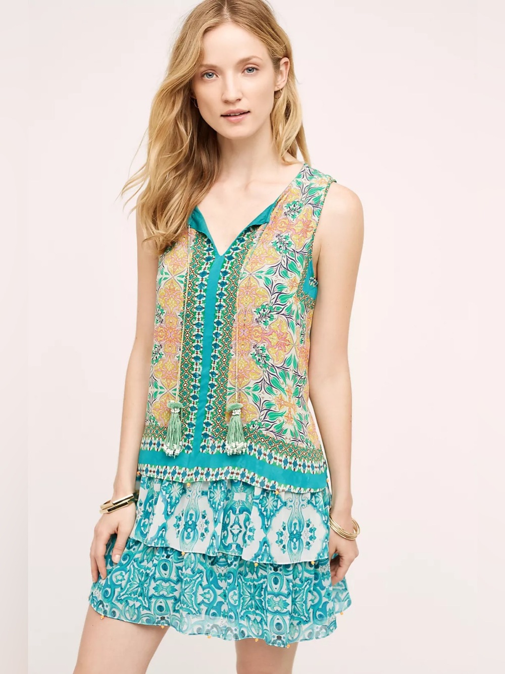 HEMANT & NANDITA Moana Teal and Yellow Printed Sleeveless V-Neck Mini Dress 💙💚
